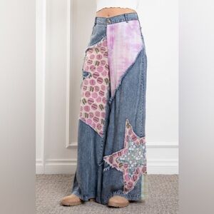 NWT BlueVelvet Bohemian Contrasting Fabric Wide Leg Denim Pants W/ Star Patches